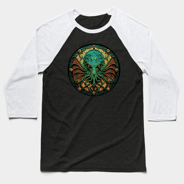 Stained Glass Cthulhu Baseball T-Shirt by InfinityTone